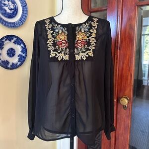 THML | Sheer Black Embroidered Boho Blouse, Size M